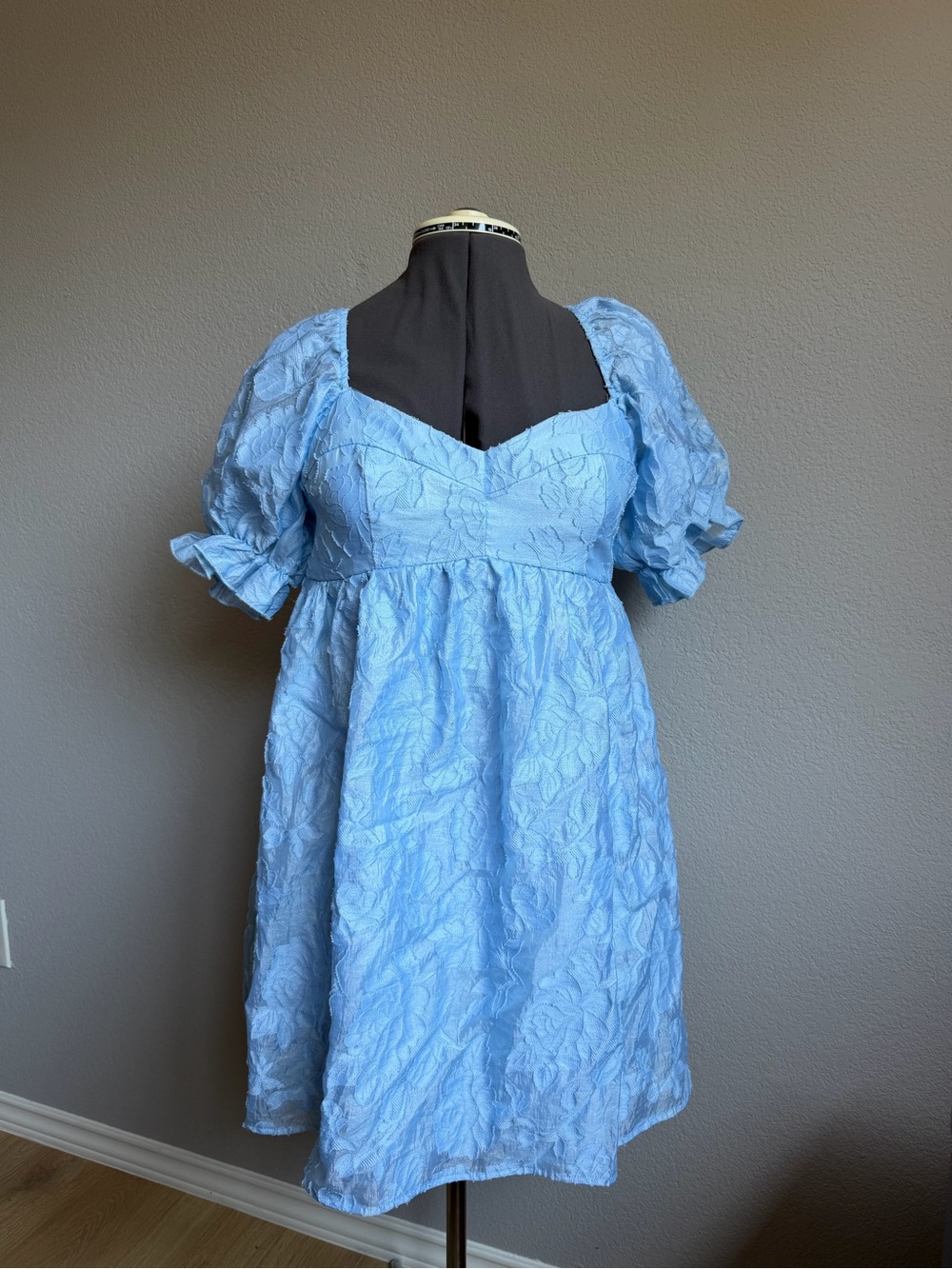 Light Blue Textured Puff Sleeve Mini Dress